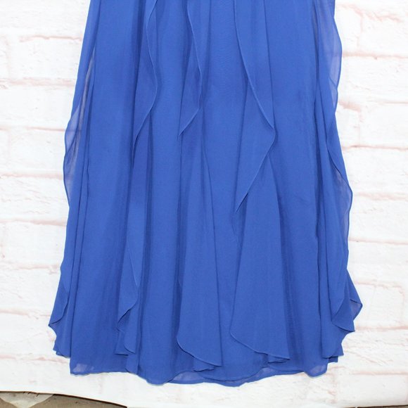 Lace & Mesh Blue Polyester Lined V-Neck Cap Sleeve Ruffled Long Dress Size M - Picture 8 of 10